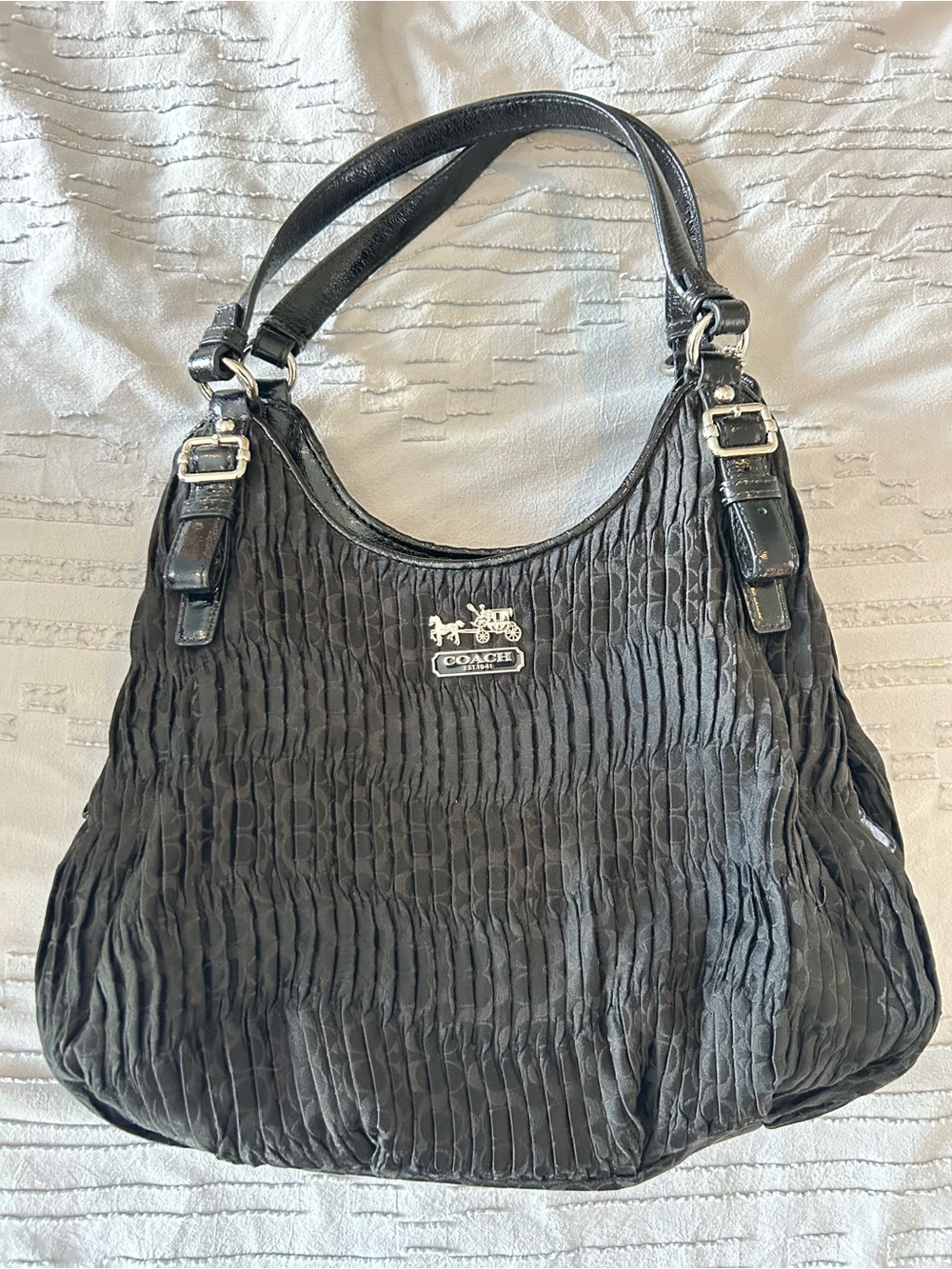Coach Black Pleated Shoulder Tote with Logo Plaque